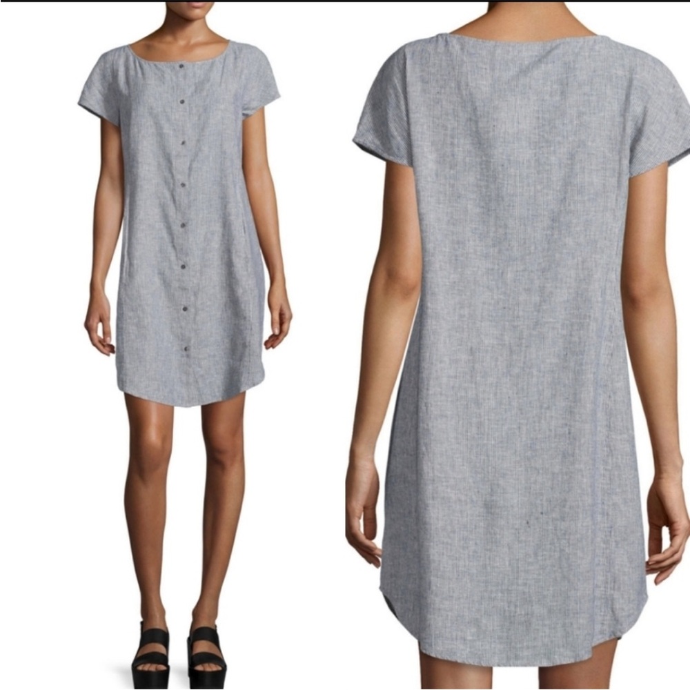 Eileen Fisher Organic Cotton Hemp MiniStripe Chambray Bateau Neck Dress S